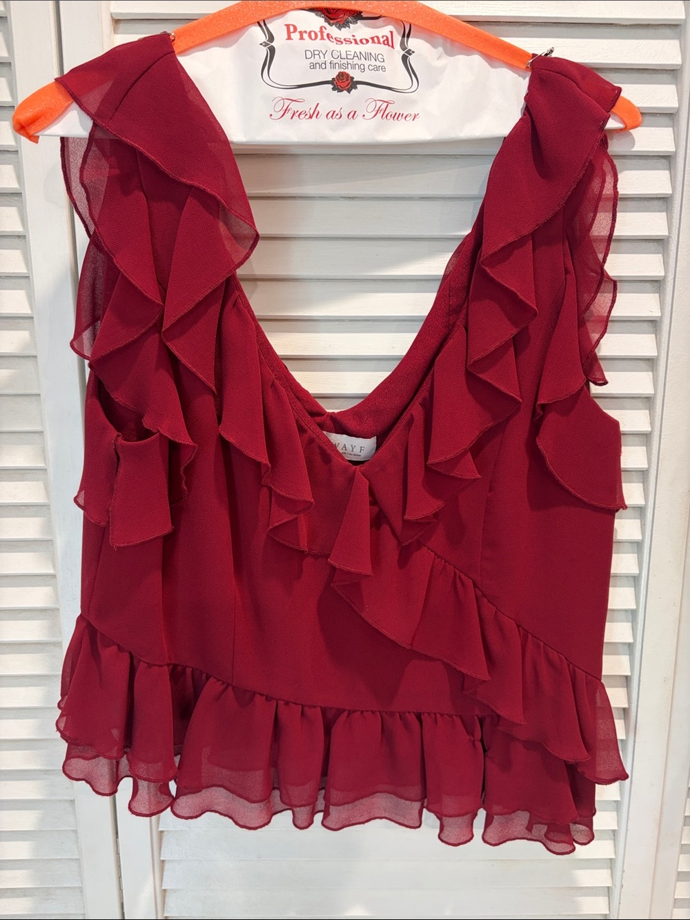 Wayf Burgundy Ruffled V-Neck Sleeveless Blouse